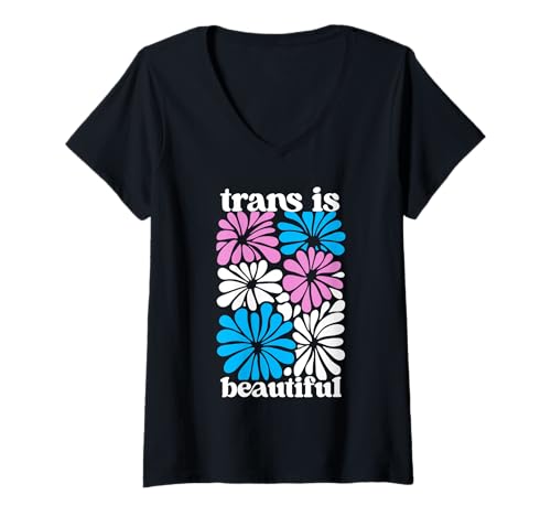 Damen Transgender Floral Retro Flowers Trans Pride Colors Boho T-Shirt mit V-Ausschnitt von On Point LGBT Styles