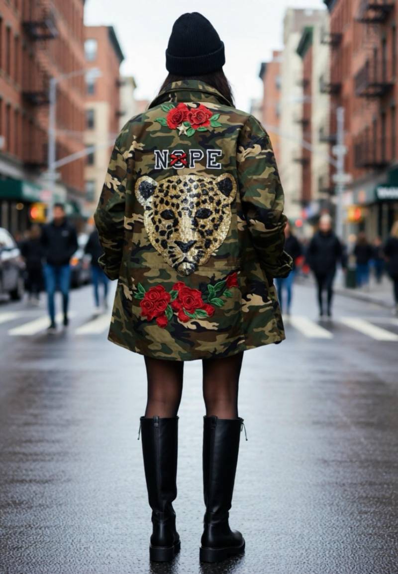 Unikat - Statement Camouflage Jacke , Nope' Leo Gr M | 38 Oversize 3D Blumen Tarnjacke Bundeswehr Upcycled Festival Konzert von OnDENIM