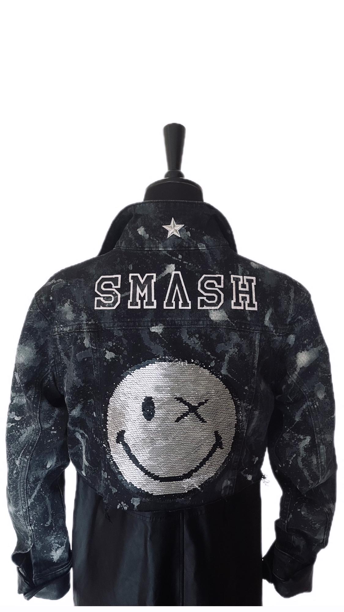 Upcycling - Statement Jeansjacke Smash & Smiley Gr S Handbemalt Schwarz Vintage Festival Kutte Cropped Upcycling - Statement Jeansjacke Smash & Smiley Gr S Handbemalt Schwarz Vintage Festival Kutte Cropped von OnDENIM