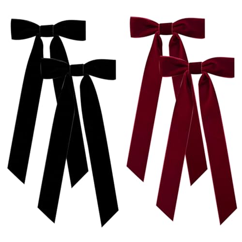 Samt Bogen Haare Clip 4pcs Rot und Schwarzes Haar Bogen Vintage Satin Bowknot Haarnadeln mit langer Bande Party Bogen Haare Barrettes Haarzubehör für Frauen Mädchen Geschenke von OnIUeZky