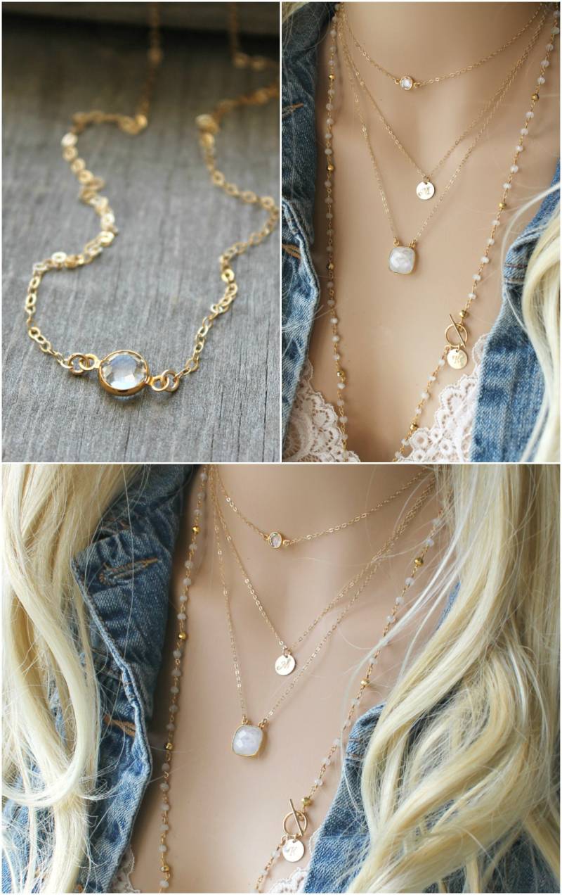 Birthstone Halskette 14 K Gold Gefüllt, April Kristall Swarovski Geburtsstein, Layering Kette, Minimal, Kleine Mini-Kette Birthstone Halskette 14 K Gold Gefüllt, April Kristall Swarovski Geburtsstein, Layering Kette, Minimal, Kleine Mini-Kette von OnThisEarth