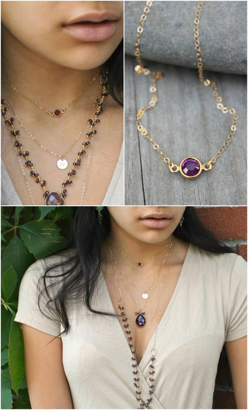 Birthstone Halskette 14 K Gold Gefüllt, Halskette, Februar Amethyst Swarovski Geburtsstein, Schichtung Lila Stein, Minimal, Kleine Zierliche Birthstone Halskette 14 K Gold Gefüllt, Halskette, Februar Amethyst Swarovski Geburtsstein, Schichtung Lila Stein, Minimal, Kleine Zierliche von OnThisEarth
