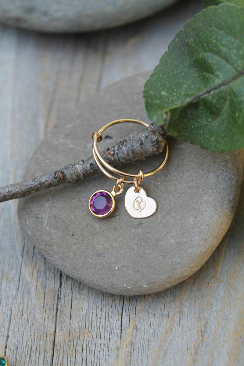 Ring Mit Ursprünglichem Herzumbau & Swarovski Birthstone, Verstellbarer 14 Karat Gold Gefüllter Ring, Individuell Gestempelter Personalisierter von OnThisEarth