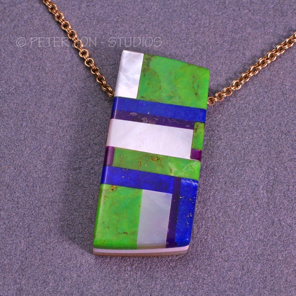 Intarsia Anhänger, Inlay Anhänger, Perlmutt, Green Mojave Türkis, Sugilith, Lapis, Intarsia, Stein Halbedelstein von OnThisRockStudio