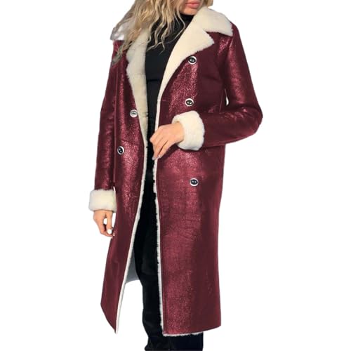 OnaiC Trenchcoat Damen Leder - Lederjacke Große Größen Kuns Kunstledermantel Plüsch Gefütterte Bikerjacke Revers Softshellmantel Langarm Übergangsmantel Lang Windjacke Winddicht Winterjacke von OnaiC