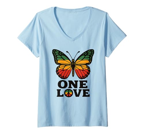 Damen One Love Butterfly Rasta Reggae Peace Rastafari Wurzeln Retro T-Shirt mit V-Ausschnitt von One Love Rasta Reggae Roots Tshirts