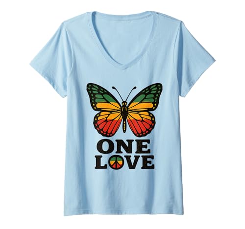 Damen One Love Butterfly Rasta Reggae Peace Rastafari Wurzeln Retro T-Shirt mit V-Ausschnitt von One Love Rasta Reggae Roots Tshirts