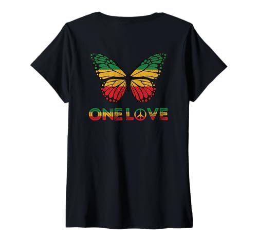 Damen One Love Butterfly Rasta Reggae Peace Rastafari Wurzeln T-Shirt mit V-Ausschnitt von One Love Rasta Reggae Roots Tshirts