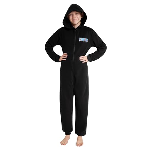 One Piece Onesie Kinder Jungen, Anime Fleece Einteiler Pyjama für Kinder 7-14 Jahre - Anime Merch, Anime Geschenke (Schwarz, 13-14 Jahre) von One Piece