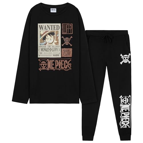 One Piece Schlafanzug Jungen Teenager, Anime Schlafanzug Kinder Lang mit Oberteil und Pyjamahose 7 bis 14 Jahren - Offiziell Anime Merch (Schwarz, 9-10 Jahre) von One Piece