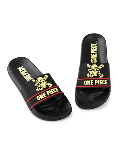One Piece Schwarze Slider für Jungen | Rot-gelbe Freizeitschuhe Emblem | Anime-inspirierte Outdoor- und Homewear | Bequeme Slider mit flachem Absatz für den täglichen Gebrauch von One Piece