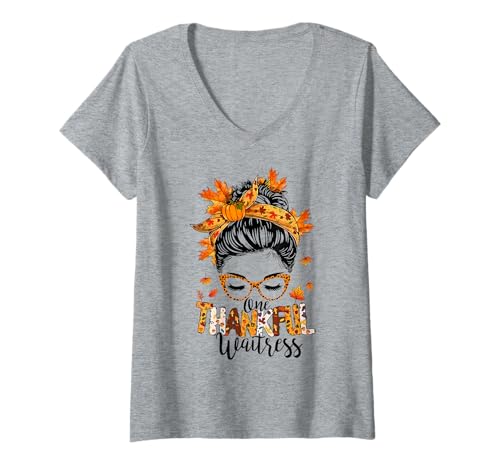 Damen One Thankful Waitress Messy Bun Herbst Thanksgiving T-Shirt mit V-Ausschnitt Damen One Thankful Waitress Messy Bun Herbst Thanksgiving T-Shirt mit V-Ausschnitt von One Thankful Waitress Thanksgiving Messy Bun