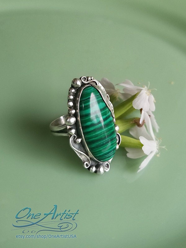 sterling Silber Malachit Ring Mit Blatt, Grün, 925, Größe 10.5 sterling Silber Malachit Ring Mit Blatt, Grün, 925, Größe 10.5 von OneArtistUSA