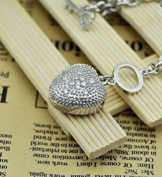 sterling Silber Kabel Link Pave Herz Armband, .925 Silber, Bettelarmband, Panzerkette, Gliederkette, Reines von OneCharmingTreasure