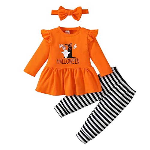 Baby Mädchen Kleidung Set 3tlg My First Halloween Langarm Outfit mit Stirnband und langem Kürbis Hosen (Orange 1, 70 (0-3 Monate)) von OneCut