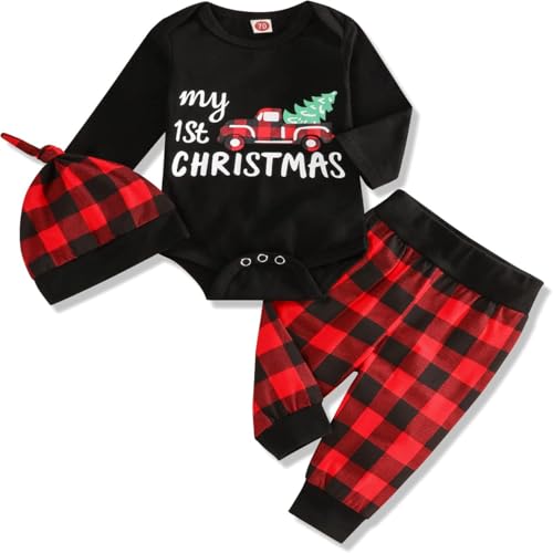 Christmas Baby Junge Kleidung My First Christmas Strampler Outfit mit Hut und langer Hose Set 3tlg (Rot, 9-12 Months) von OneCut