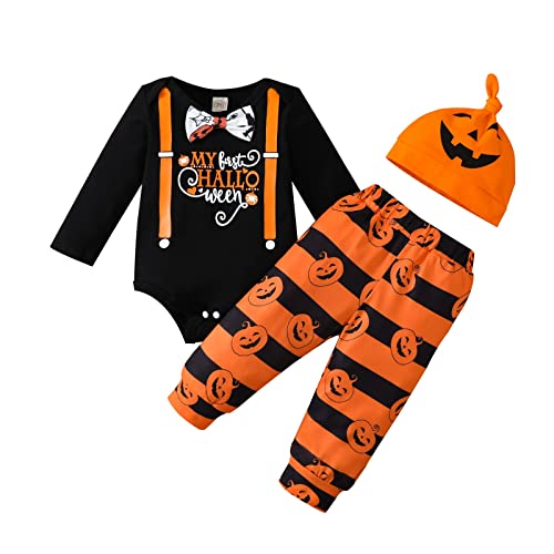 Halloween Baby Junge Kleidung My First Halloween Rüschen Outfit mit Hut und langer Hose Set 3tlg (Orange 1, 70 (0-3 Monate)) von OneCut