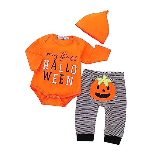 Halloween Baby Junge Kleidung My First Halloween Rüschen Outfit mit Hut und langer Hose Set 3tlg (Orange 2, 100 (12-18 Monate)) von OneCut