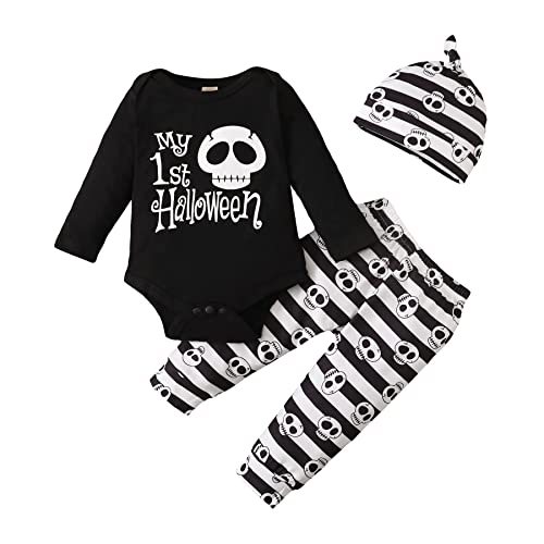 Halloween Baby Junge Kleidung My First Halloween Rüschen Outfit mit Hut und langer Hose Set 3tlg (Schwarz, 70 (0-3 Monate)) von OneCut