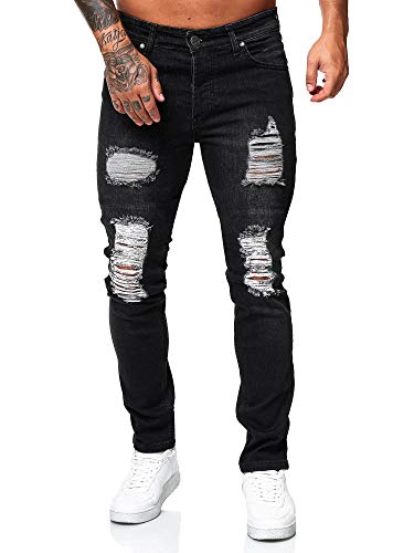 OneRedox Herren Jeans Denim Slim Fit Used Design Modell 5122 L.Blue (31, Schwarz) von OneRedox