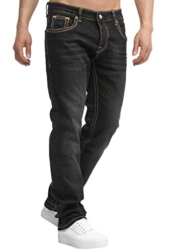 OneRedox Herren Jeans Hose Regular Fit Männer Bootcut Denim Five Pocket Thick Seam Designer Modell 901 Black 30 von OneRedox
