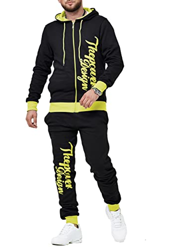 OneRedox Herren Jogginganzug Sportanzug Fitness Jogging Traininganzug Freizeitanzug Fitnessanzug Gym Basic Design Jacke Hose Kapuze Sport Gym Männer JG-4110C Neon Gelb M von OneRedox