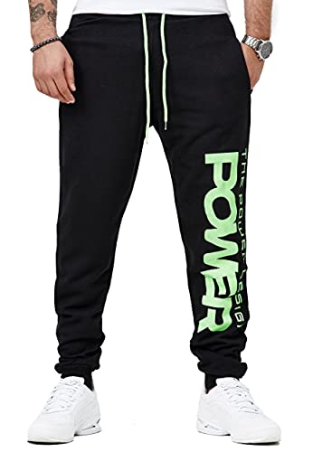 OneRedox Herren Jogginghose Trainingshose Freizeihose Fitnesshose Basic Sport Fitness Gym Training Slim Fit Sweatpants JG-6000E Schwarz/Neongrün XXL von OneRedox