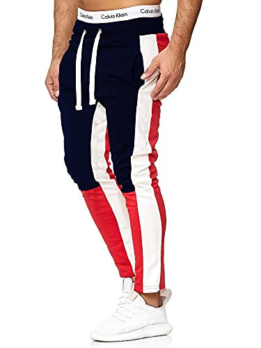 OneRedox Herren | Jogginghose | Trainingshose | Sport Fitness | Gym | Training | Slim Fit | Sweatpants Streifen | Jogging-Hose | Stripe Pants | Modell A10 (M, Navy Rot) von OneRedox