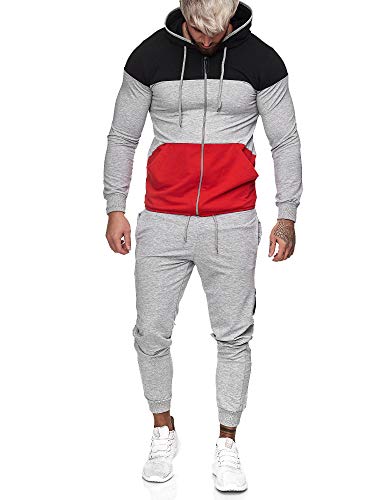 OneRedox | Herren Trainingsanzug | Jogginganzug | Sportanzug | Jogging Anzug | Hoodie-Sporthose | Jogging-Anzug | Trainings-Anzug | Jogging-Hose | Modell JG-1083 Schwarz-Grau-Rot XXL von OneRedox