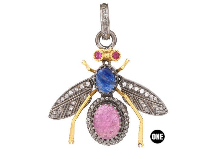 sterling Silber, Pave Diamond Bee Fly Anhänger Mit Rubin Und Saphir, | 2488-Dpl von OneSourceGems