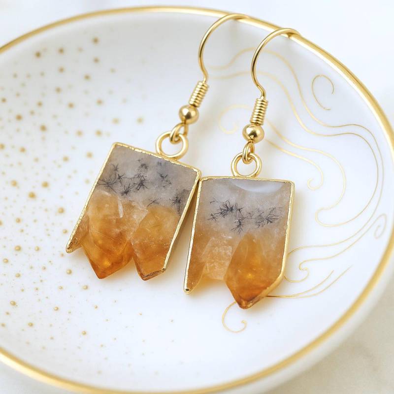 Citrin Scheibe Baumeln Ohrringe, Rohedelstein November Birthstone Schmuck, Boho Kristall Geode Schmuck Geschenk von OneTribeJewelry
