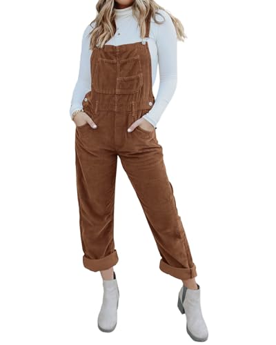 Onedreamer Damen Cord-Overall mit verstellbaren Trägern Baggy Bib Jumpsuit Casual mit Taschen, Dunkles Khaki, X-Large von Onedreamer
