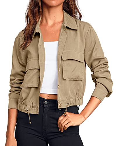 Onedreamer Damen Militär Safari Cropped Jacken Button Down Leicht Oversized Utility Anorak Mantel mit Taschen, khaki, Medium von Onedreamer