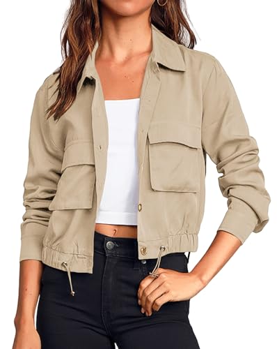 Onedreamer Damen Militär Safari Cropped Jacken Button Down Leichter Oversize Utility Anorak Mantel mit Taschen, Beige, M von Onedreamer