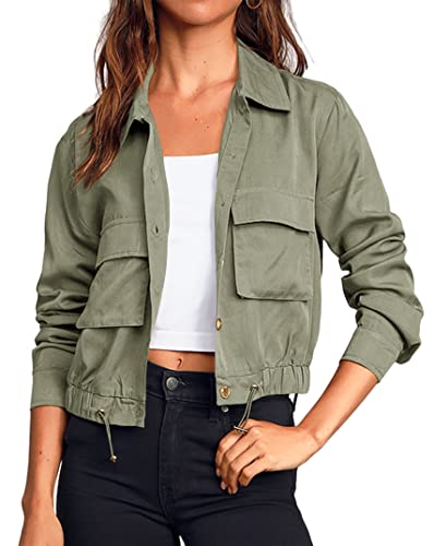 Onedreamer Damen Military Safari Cropped Jackets Button Down Lightweight Oversized Utility Anorak Coat with Pockets, Grün (Army Green), M von Onedreamer