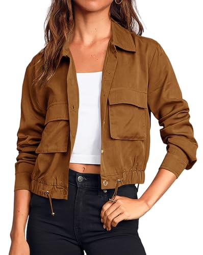 Onedreamer Damen Military Safari Cropped Jackets Button Down Lightweight Oversized Utility Anorak Coat with Pockets, Dunkelbraun, Small von Onedreamer