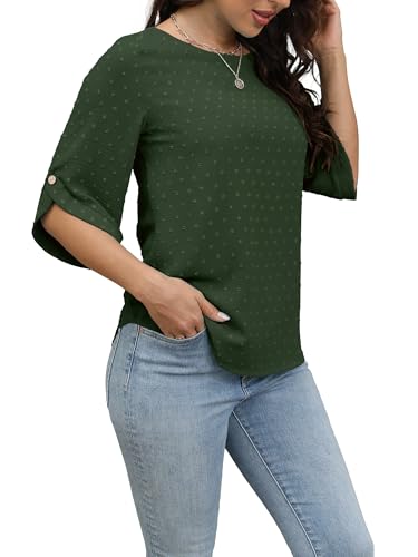 Oneezit T-Shirts für Damen Kurzarm Oberteile 3/4 Ärmel T-Shirt mit Rundhal Loose Casual Sommer Tops Frauen Blusen Greene, Medium von Oneezit