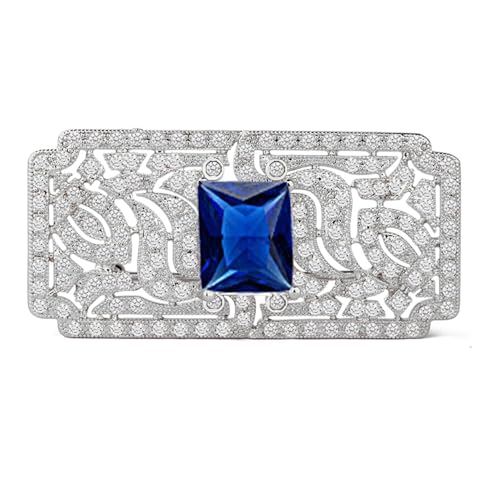 Onefeart Weißgold plattiert Broschen Für Frauen Mädchen Quadrat Kubischer Zirkonia Lochmuster-Design 47.5X23MM Blau von Onefeart