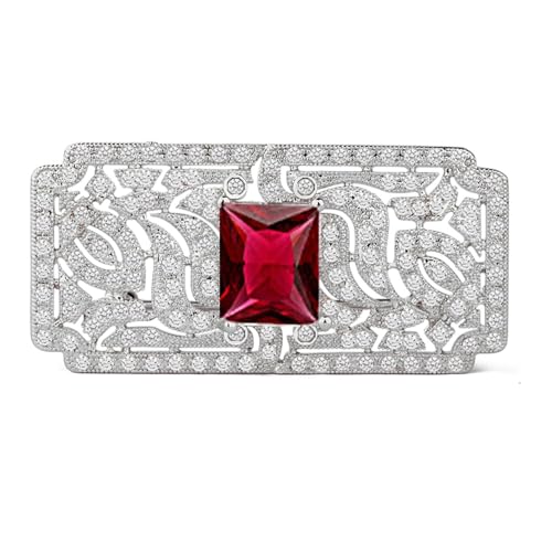 Onefeart Weißgold plattiert Broschen Für Frauen Mädchen Quadrat Kubischer Zirkonia Lochmuster-Design 47.5X23MM Rot von Onefeart