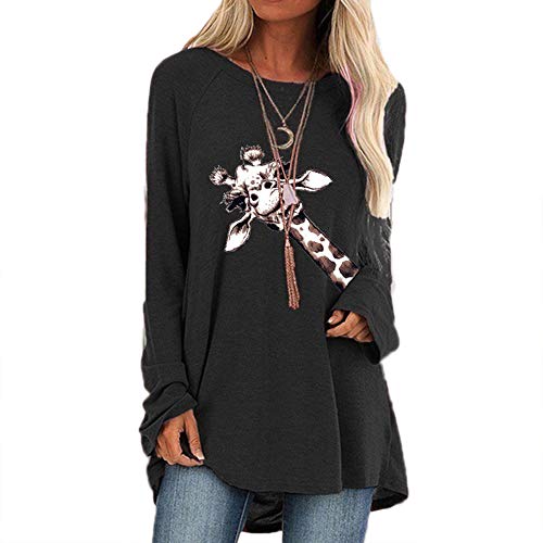 Damen Langarm Cute Giraffe Grafikdruck Shirts Blusen Rundhalsausschnitt Casual Tunika Tops Pullover Sweatshirts mit Plus Size von oneforus