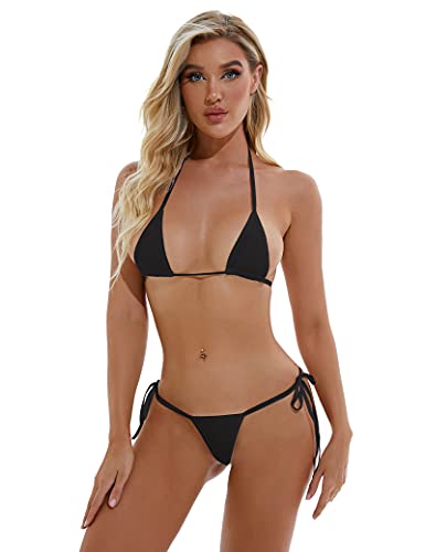 Oneheekini Cheeky Tanga Bikini Mini String Badeanzüge mit Bindebändern für Damen, Schwarz, Einheitsgröße von Oneheekini