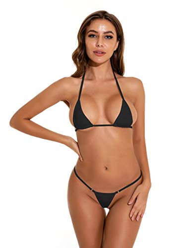 Oneheekini Mini-Mikro-Bikini für Damen, charmanter, sexy Neckholder-BH und G-String-Unterteil im Set, Schwarz, Einheitsgröße von Oneheekini