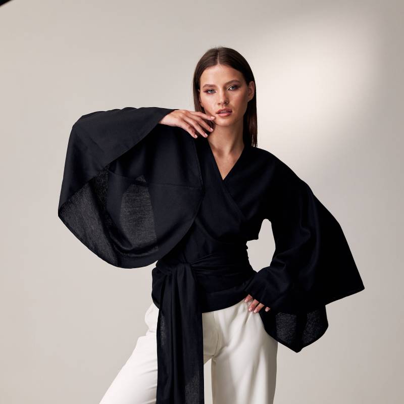 Leinen Kimono-Bluse, Kimono-Jacke, Wickelhemd, Wickeltop Mit V-Ausschnitt, Weitärmelige Bluse, Kimono Top von OnelovebrandUA