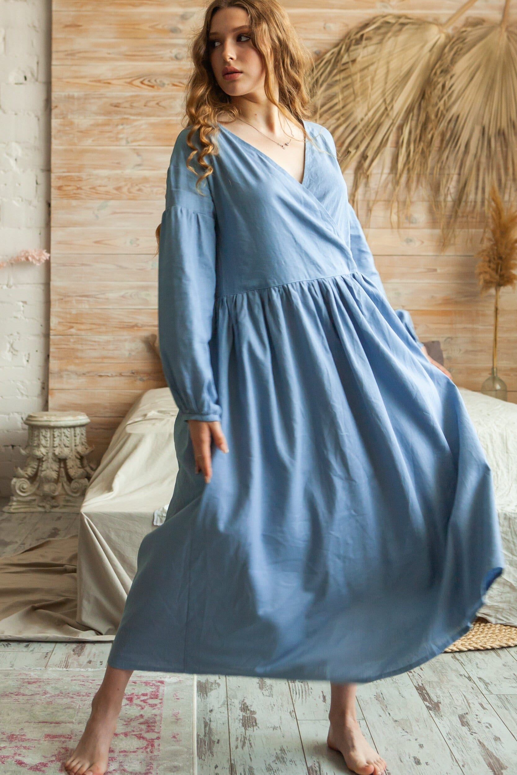 Leinen Maxikleid, Leinen Oversized Kleid, Leinen Plus Size Kleid, Blaues Kleid, Bio Kleid Taschen, Langarm von OnelovebrandUA