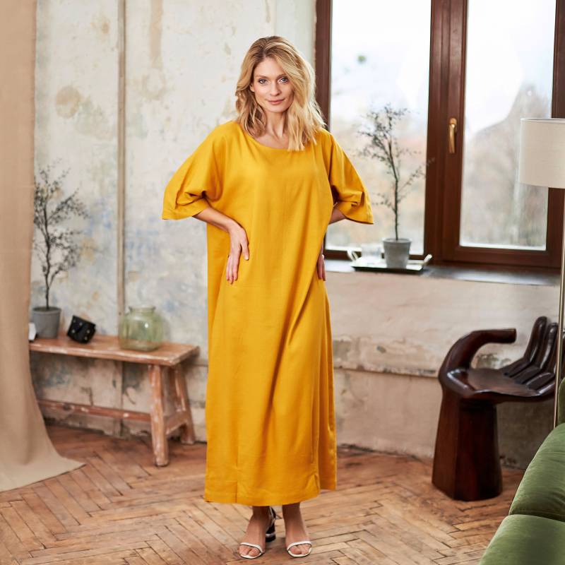 Leinen Maxikleid, Leinenkleid Mit Taschen, Leinen-Kaftankleid, Lockeres Leinenkleid, Gelbes Plus Größe, Übergroßes Kleid von OnelovebrandUA