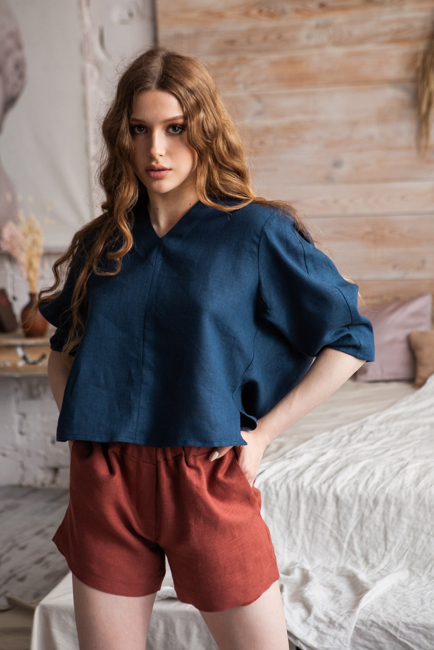 Leinen Zweiteiler Set, Top Und Shorts Bio Damen Lounge Pyjama Loungewear, Set von OnelovebrandUA