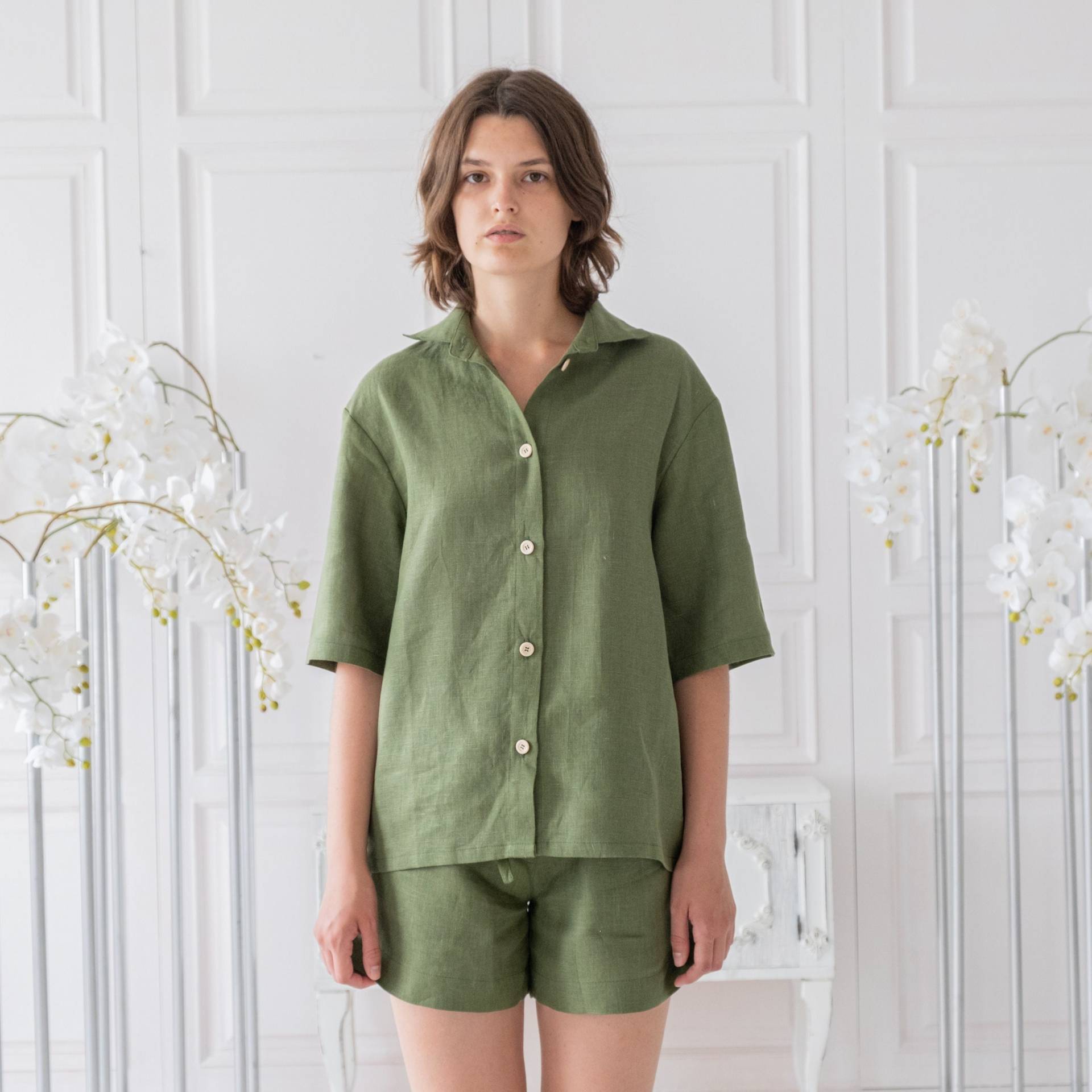 Leinen Zweiteiliges Set, Loungewear-Set, Pyjama-Set Damen, Leinenanzug Hemd Und Shorts Leinenkleidung, Sommerset von OnelovebrandUA