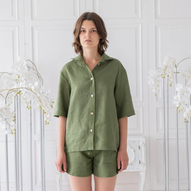 Leinen Zweiteiliges Set, Loungewear-Set, Pyjama-Set Damen, Leinenanzug Hemd Und Shorts Leinenkleidung, Sommerset von OnelovebrandUA