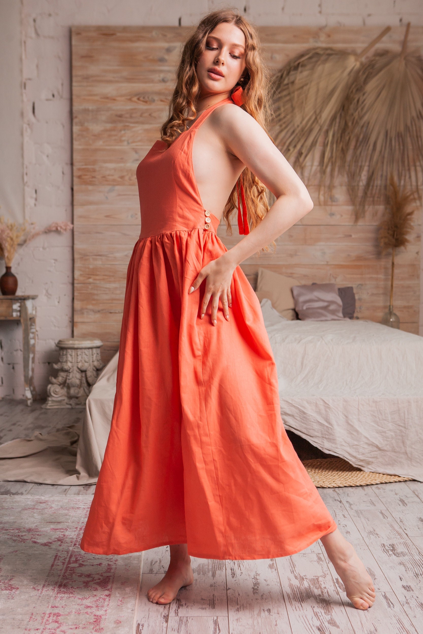 Orange Farbenes Sommerkleid Frauen, Sommerkleid Boho, Leinen Plus Größe, Orange Leinen Sommerkleid, Minimalistisch Sommerkleid, Trägerkleid von OnelovebrandUA