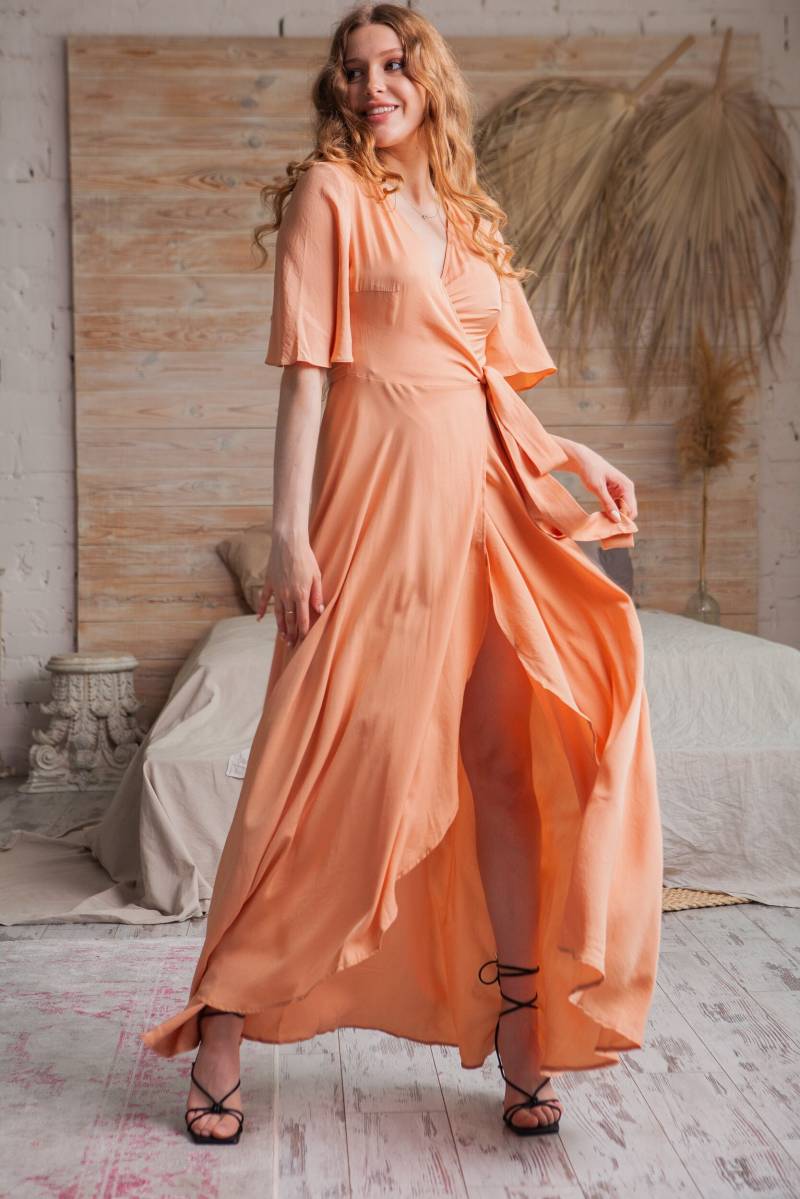 Seiden-Chiffon-Kleid, Seidendamenkleid, Bio-Kleid, Halbe Ärmel Seidenkleid, Beiges Langes Kleid, Seidenwickelkleid, Seiden-Wickelkleid von OnelovebrandUA